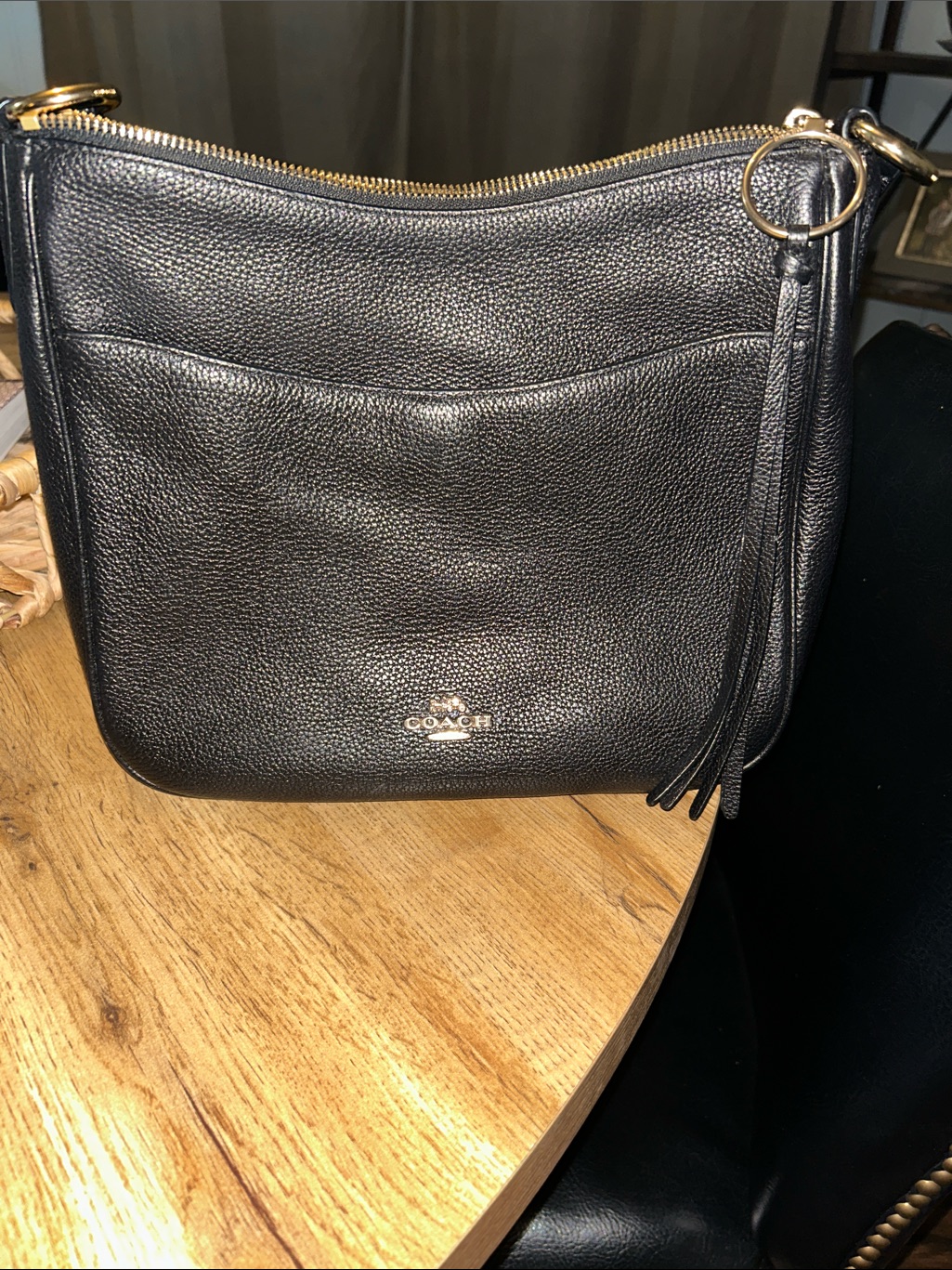Coach Black Pebbled Leather Crossbody With Gold Hardware And Tassel